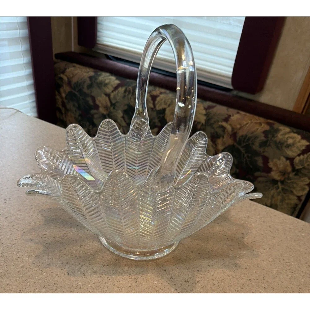LE Smith Clear Glass Feather Pattern Basket Scalloped Edge Applied Handle. 13.5”